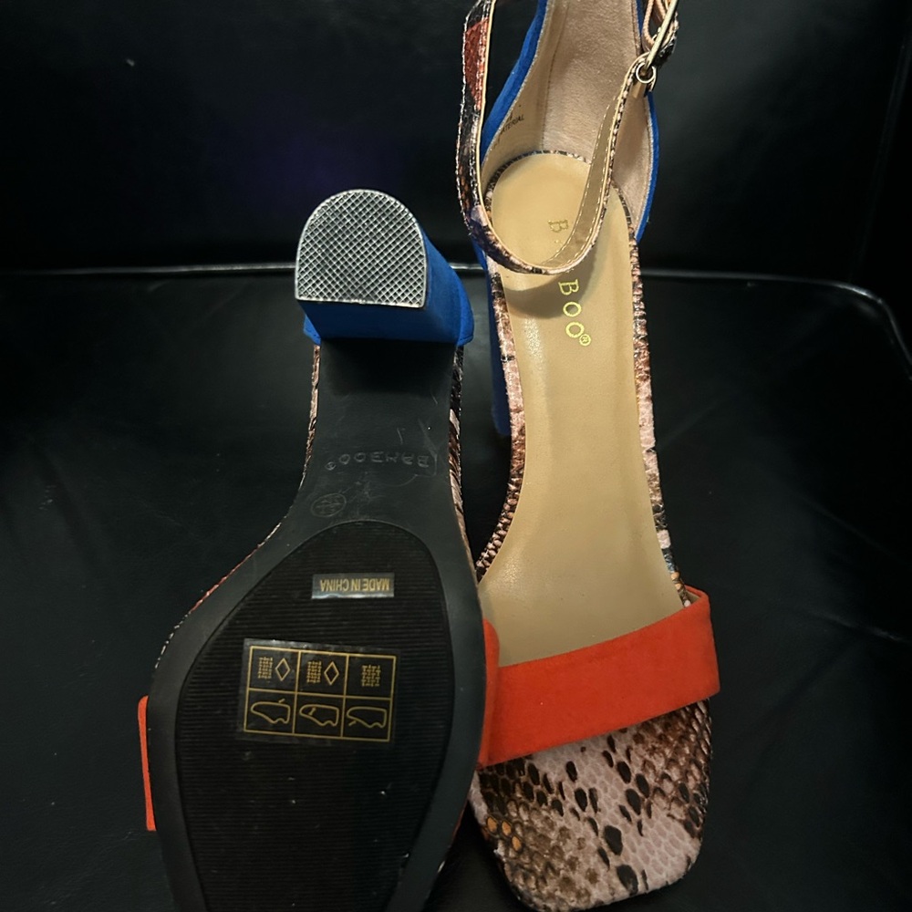 BAMBOO Blue and Orange Snakeskin Heels